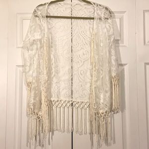 Short White Lace Kimono with Fringe